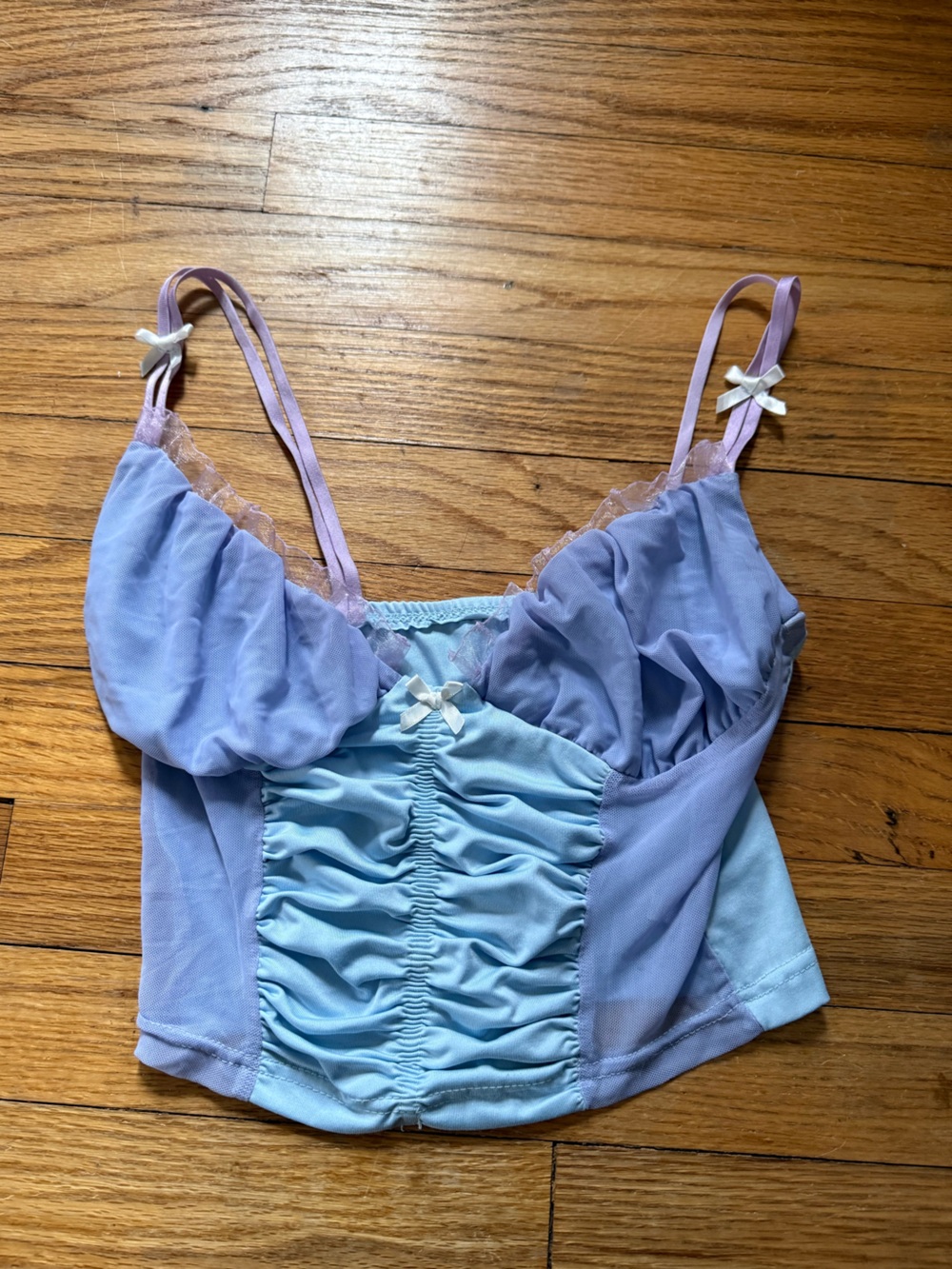 Amazon Lavender and Light Blue Ruched Satin-Look Tank Top